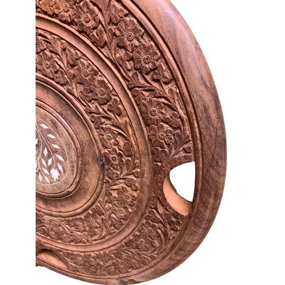 Carved Wood Tray with Inlaid Mother of Pearl Flowers 14.5" - Picture 4 of 7